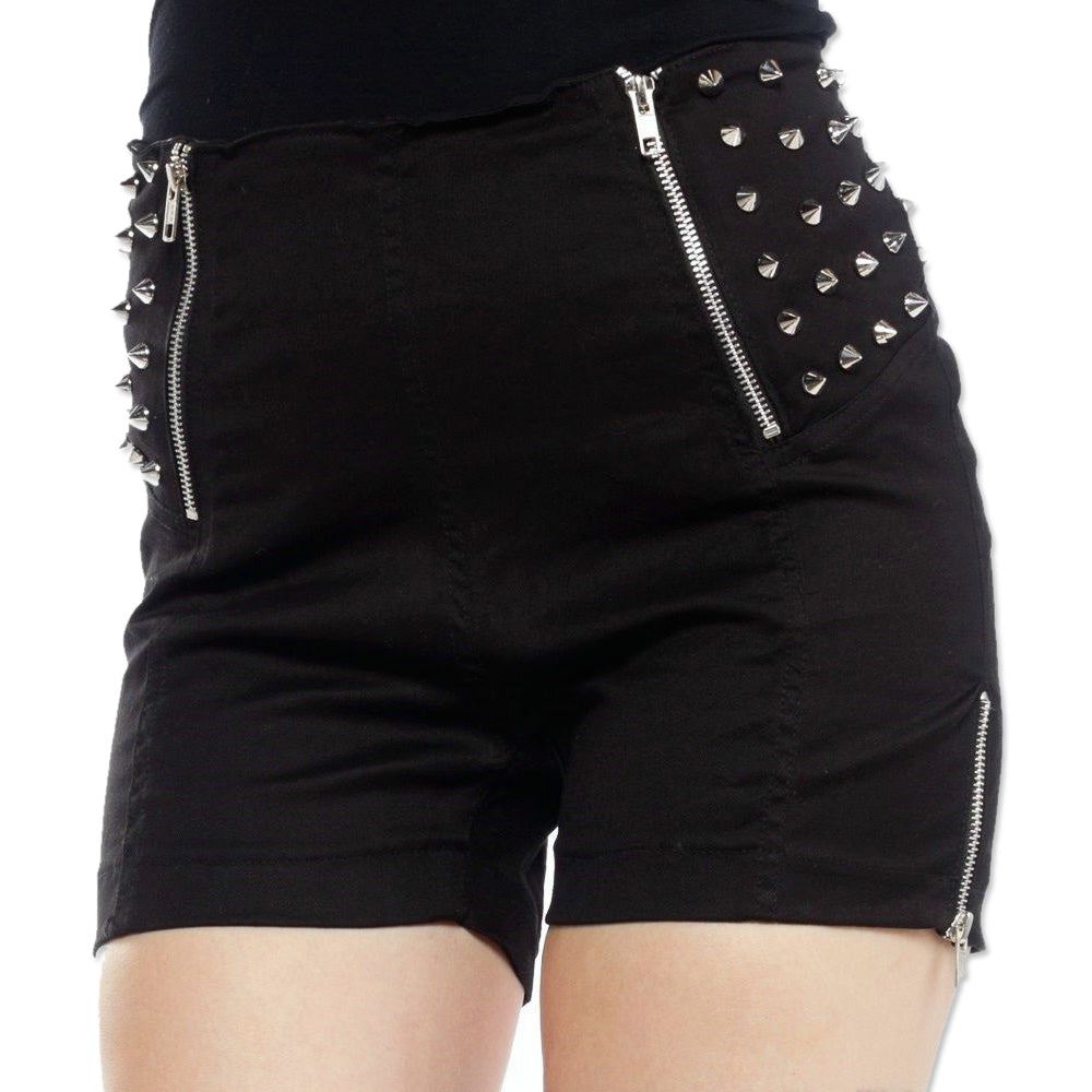 Women Gothic Punk Rock Shorts Spiked with Zippers and Gothic Skirt Style - Alternative Gothic Dark Wear | Embrace Dark Aesthetic Men & Women Gothic Clothing