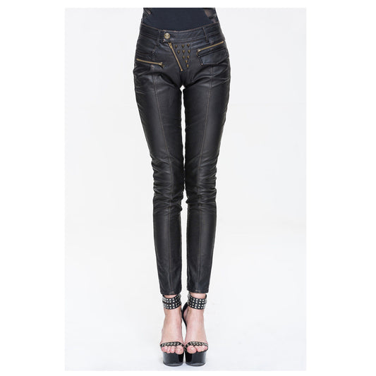 Women Devil Fashion Steampunk Rock Pants Black Slim Fit PU Leather Trousers with Rivet Look - Alternative Gothic Dark Wear | Embrace Dark Aesthetic Men & Women Gothic Clothing