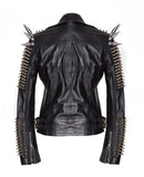 Women Gothic Silver Studded Long Spiked Handmade Leather Jacket Black Rock Punk Style with Bold Spice - Alternative Gothic Dark Wear | Embrace Dark Aesthetic Men & Women Gothic Clothing