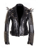 Women Gothic Silver Studded Long Spiked Handmade Leather Jacket Black Rock Punk Style with Bold Spice - Alternative Gothic Dark Wear | Embrace Dark Aesthetic Men & Women Gothic Clothing