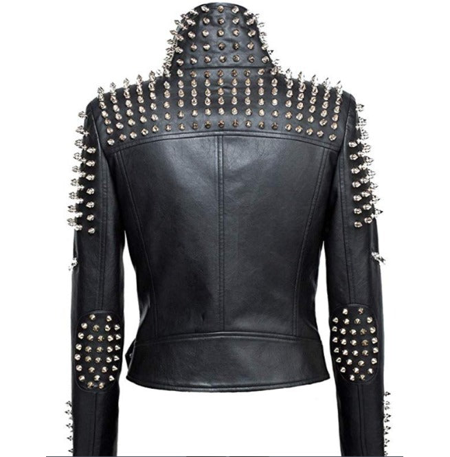 Women Genuine Leather Cropped Jacket Studded Punk Rivet Zipper Slim Fit for Winter Style