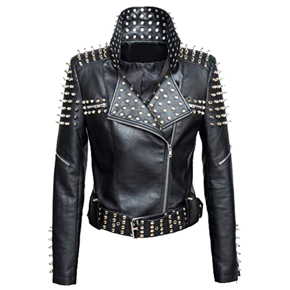 Women Genuine Leather Cropped Jacket Studded Punk Rivet Zipper Slim Fit for Winter Style