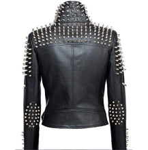 Load image into Gallery viewer, Women&#39;s Genuine Leather Studded Punk Rivet Zipper Slim Fit Winter Style Cropped Jacket
