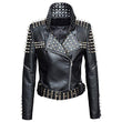 Women Genuine Leather Cropped Jacket Studded Punk Rivet Zipper Slim Fit for Winter Style