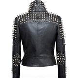 Women Genuine Leather Cropped Jacket Studded Punk Rivet Zipper Slim Fit for Winter Style